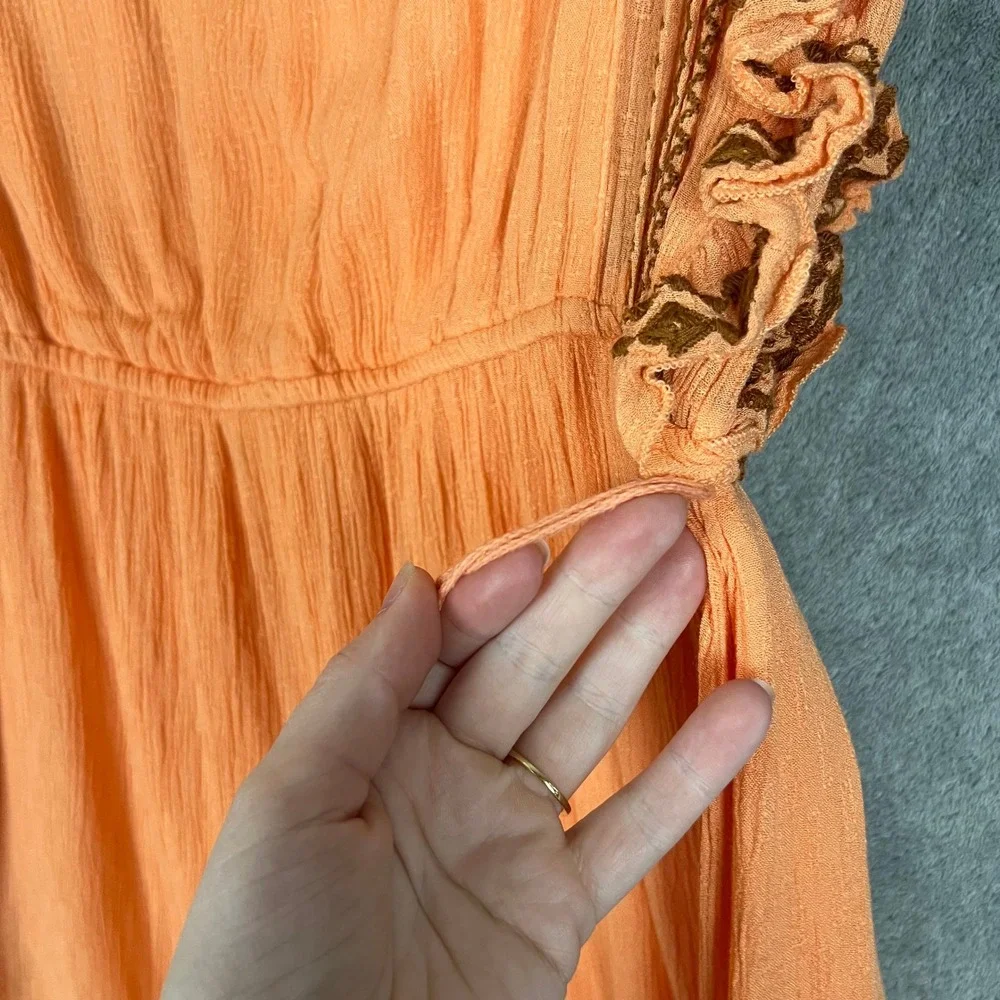 Free People Weekend Brunch Mini Dress Womens M Orange Embroidered Boho